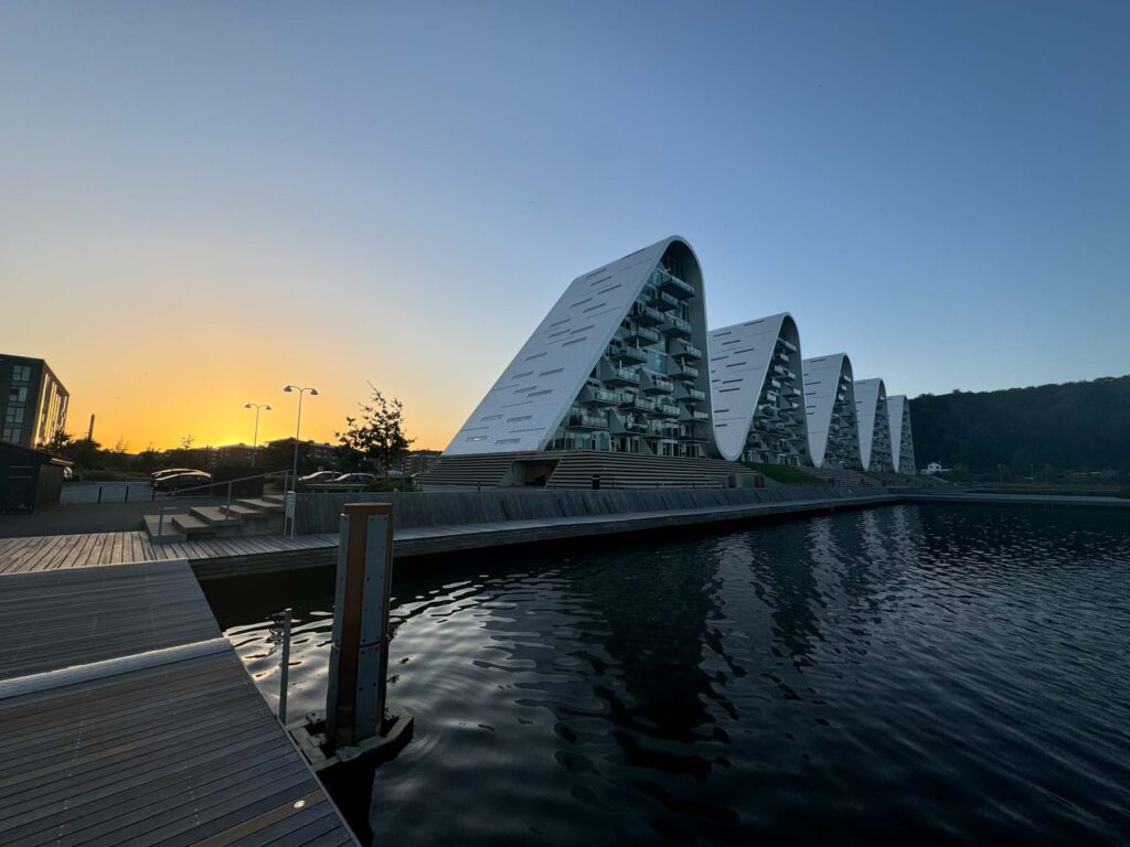 The wave house in Vejle, Denmark at sunset